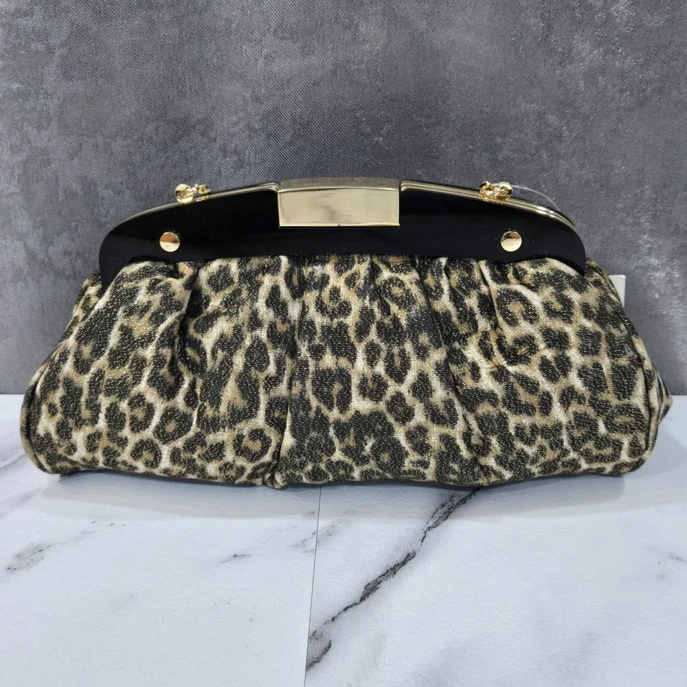NWT Talbots Leopard Print Metallic Silk Blend Clutch Bag Gold Chain Cocktail